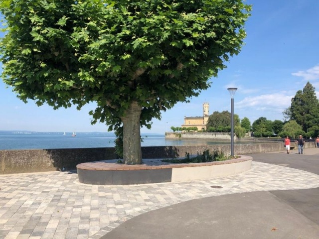 euroform w - Stadtmobiliar - Sonderlösung - organische Bank um Baum herum - Hochbeet am See - Sitzinsel auf öffentlichem Platz an Promenade