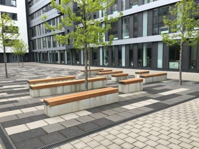 euroform w - urban furniture - seating for outdoor - bench top in wood in public place - customized wooden bench