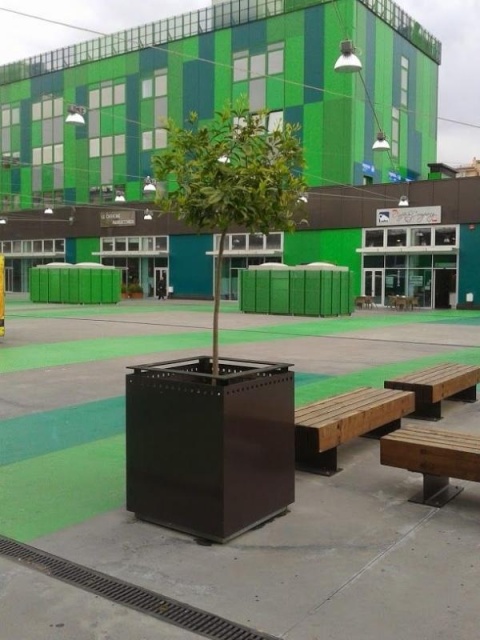 euroform w - Stadtmobiliar - große Pflanzschale aus Metall auf Dorfplatz - riesige Pflanzschale mit Blumen und Baum in urbanem Raum - Pflanzschale aus Cortenstahl