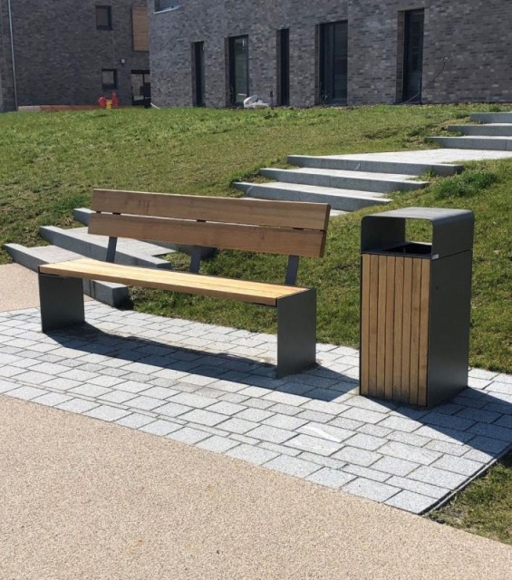 euroform w - urban furniture - wooden seating with backrest at public square - wooden and metallitter bin
