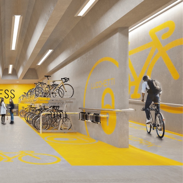 euroform w - arredo urbano - Klaver - velostazione indoor per azienda - parcheggio bici a due livelli con biciclette indoor - ciclostazione per aziende - bike to business