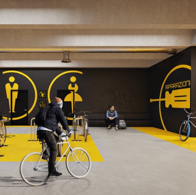 euroform w - arredo urbano - Klaver - velostazione indoor per azienda - parcheggio bici a due livelli con biciclette indoor - ciclostazione per aziende - bike to business