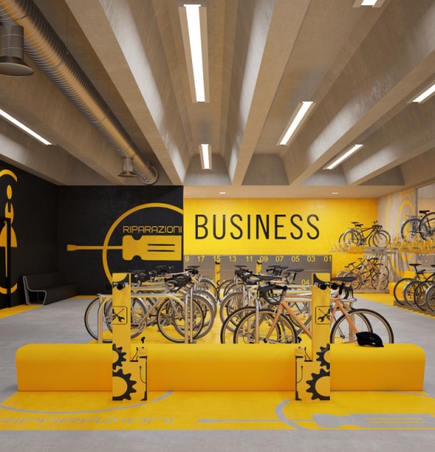 euroform w - arredo urbano - Klaver - velostazione indoor per azienda - parcheggio bici a due livelli con biciclette indoor - ciclostazione per aziende - bike to business