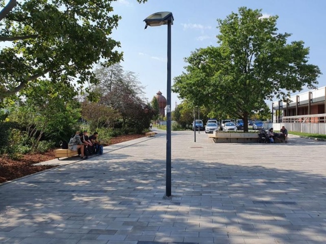 euroform w - sustainable urban furniture - park bench - Modular bench on the forecourt of Cottbus main station - seating island in an urban environment - sustainable street furniture for open spaces - custommade seating