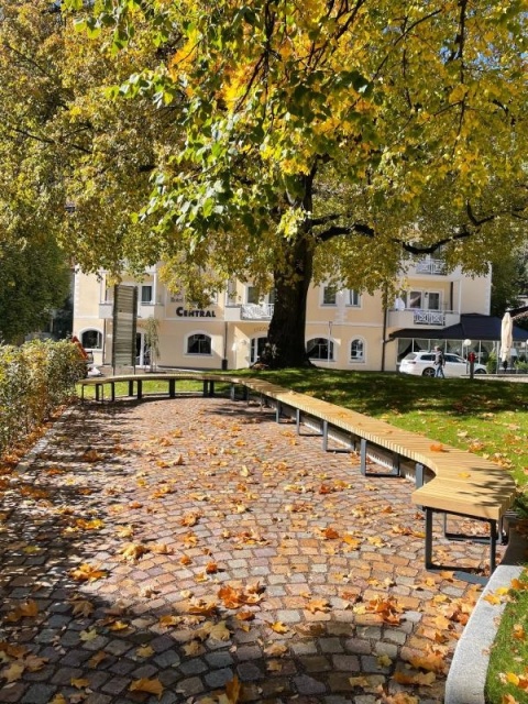 euroform w - street furniture - wooden circular bench in public park in Italy - bench made of sustainable wood FSC certified - wooden park bench for open spaces