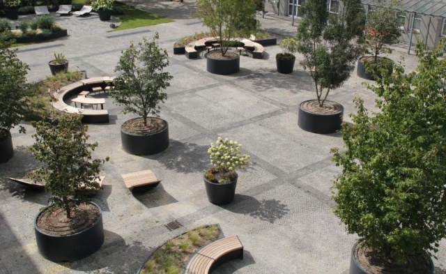 euroform w - sustainable street furniture - park bench wood - modular bench in the city centre of Berlin - big planter with bench in urban environment - sustainable seating for open space