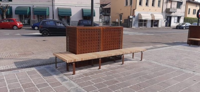 euroform w - Street furniture - minimalistic bench made of wood in the city centre - wooden Bench at public square in Italy - wooden seating for outdoors