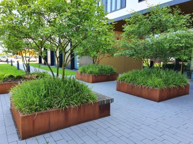 euroform w - street furniture - robust bench made of high-quality wood for urban spaces with planter - minimalist wooden seating for outdoors - high-quality designer street furniture - planter made of Corten steel