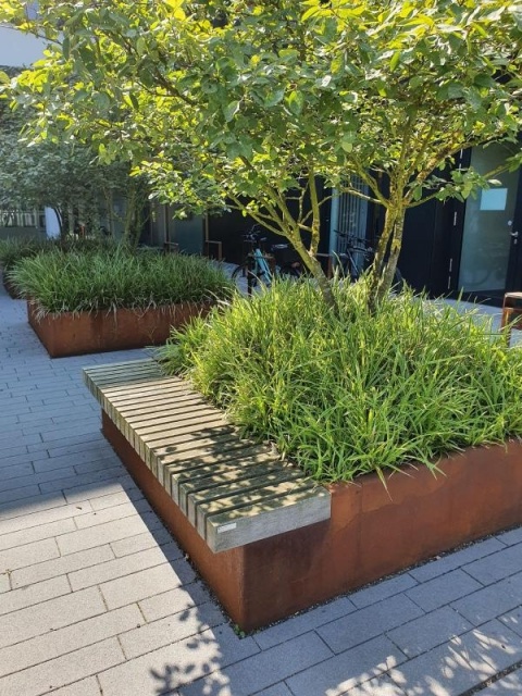 euroform w - street furniture - robust bench made of high-quality wood for urban spaces with planter - minimalist wooden seating for outdoors - high-quality designer street furniture - planter made of Corten steel