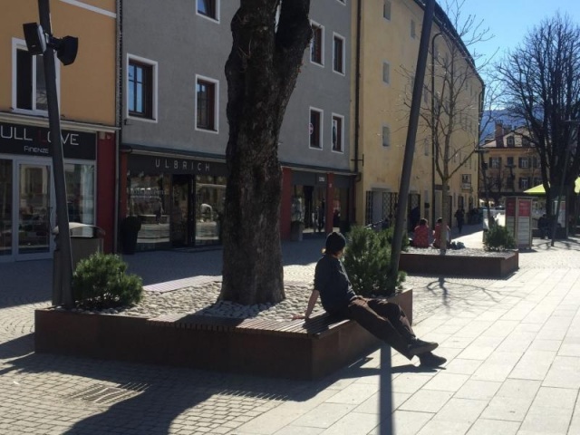 euroform w - street furniture - robust bench made of high quality wood for urban space with planar - minimalist wooden seating for outdoors - high quality designer street furniture - people sit on bench made of hardwood with tree in centre for public park