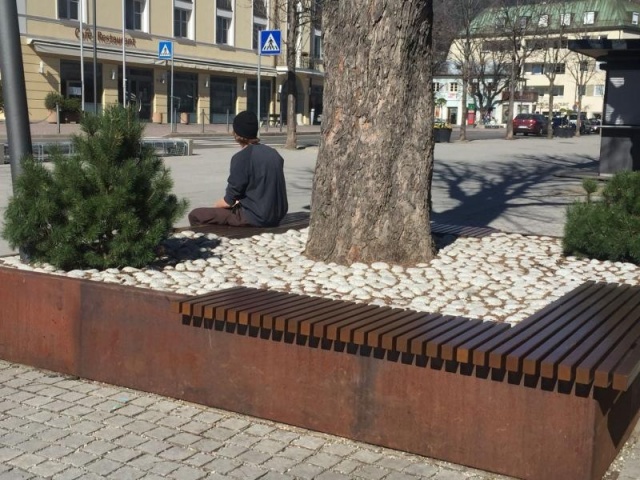 euroform w - street furniture - robust bench made of high quality wood for urban space with planar - minimalist wooden seating for outdoors - high quality designer street furniture - people sit on bench made of hardwood with tree in centre for public park