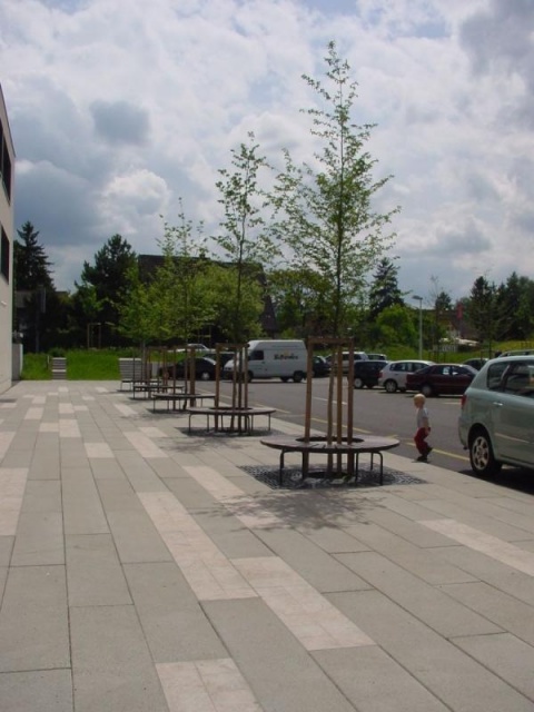 euroform w - Stadtmobiliar - robuste Rundbank aus hochwertigem Holz für den städtischen Raum - minimalistische Bank um Baum aus Holz für draußen - hochwertige Designer Stadtmöbel - Block Sitzbank aus Holz