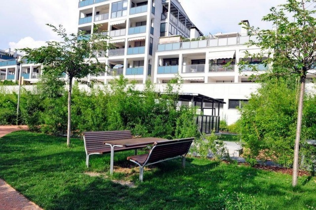 euroform w - Stadtmobiliar - Bank und Tisch aus Hartholz für öffentlichem Park - Parktisch mit Bänken für draußen - Contour Tisch aus Hartholz für den öffentlichen Raum