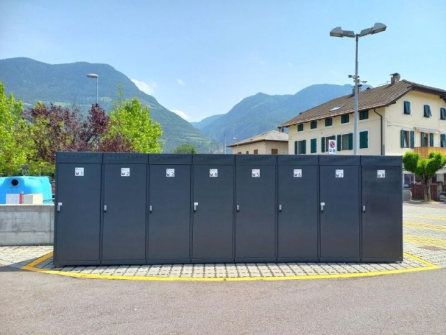 euroform w - street furniture - bike box with charging station and lock - bike storage with locking system for bike sharing - bike box for bikes, scooters, prams - Silhouette bike shelter for train stations