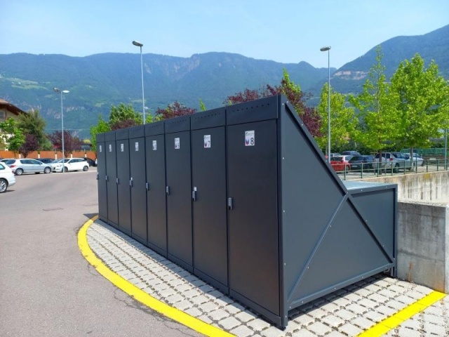 euroform w - street furniture - bike box with charging station and lock - bike storage with locking system for bike sharing - bike box for bikes, scooters, prams - Silhouette bike shelter for train stations