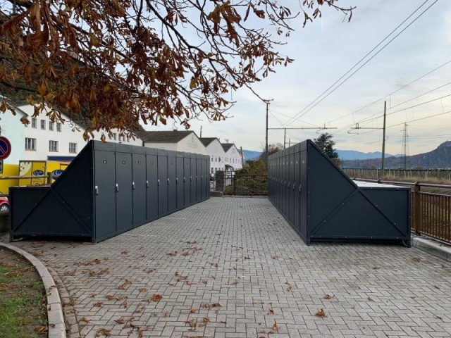 euroform w - street furniture - bike box with charging station and lock - bike storage with locking system for bike sharing - bike box for bikes, scooters, prams - Silhouette bike shelter for train stations