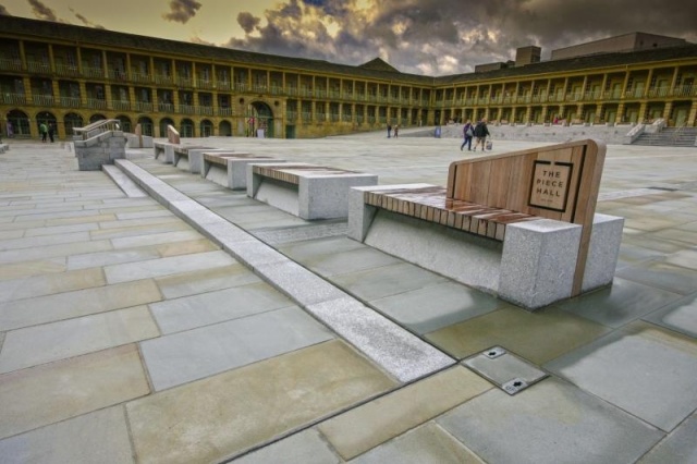 euroform w - street furniture - minimalist bench made of wood and concrete on public square in Halifax, England - personalized seating island for The Piece Hall in Halifax - bespoke street furniture