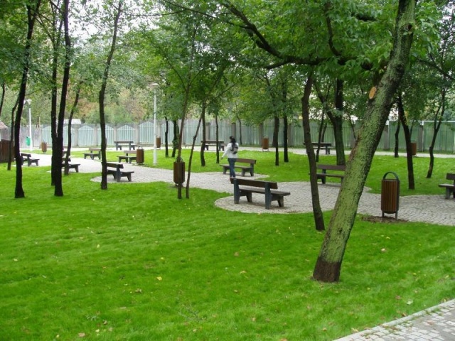 euroform w - street furniture - wooden bench in green park in Bucharest, Romania - wooden benches in public park - block 90 seating