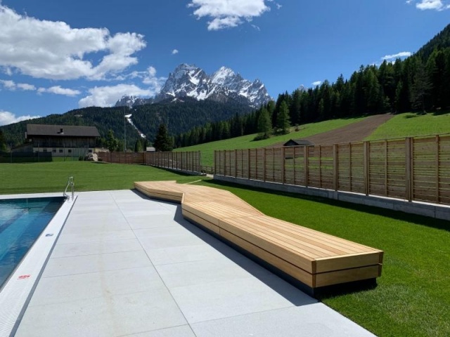 euroform w - street furniture - minimalist bench made of wood with view over the Dolomites - outdoor wooden seating island with view over the Dolomites - customised street furniture