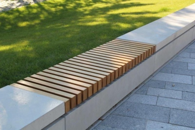 euroform w - street furniture - minimalist bench made of wood and concrete at Philharmonie in Berlin - personalized street furniture - wooden bench top on concrete base