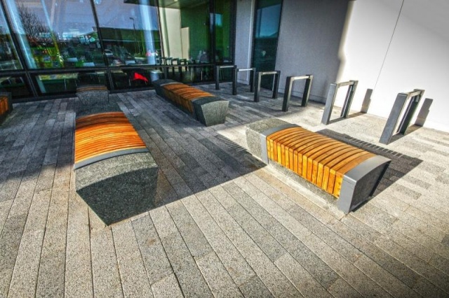 euroform w - urban furniture - wooden and concrete bench for Ashington Leisure Centre - custommade seatings for outdoors - customized urban furniture