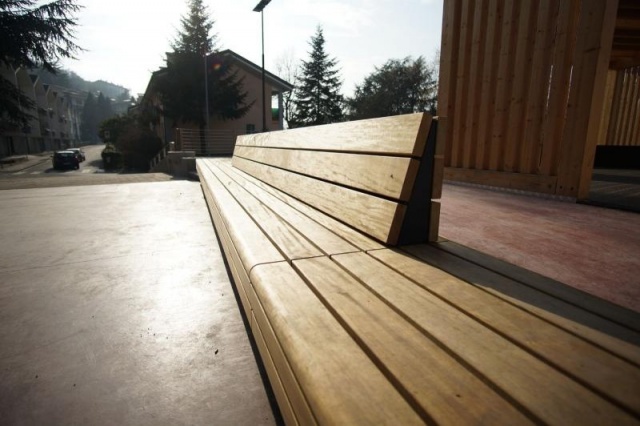 euroform w - urban furniture - customized wooden bench with backrest at public square - wooden seating for outdoors - customized street furniture
